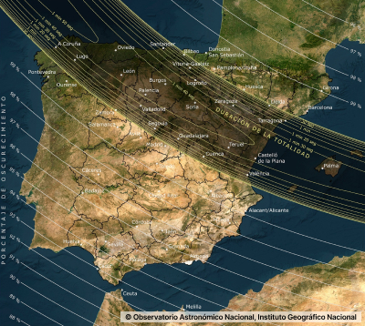 Mapa de España con la franja de totalidad del eclipse de 2026