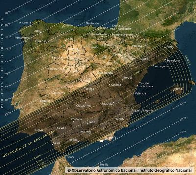 Mapa de España con la franja del eclipse anular de 2028