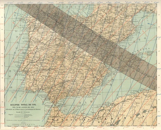 Trayectoria del eclipse del 30 de agosto de 1905 según cálculos realizados en la época en el Observatorio Astronómico de Madrid | Archivo del Real Observatorio Astronómico de Madrid. Trayectoria del eclipse del 30 de agosto de 1905 según cálculos realizados en la época en el Observatorio Astronómico de Madrid | Archivo del Real Observatorio Astronómico de Madrid.