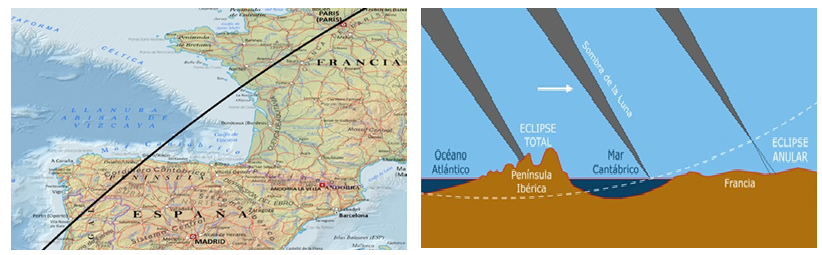 Trayectoria del eclipse híbrido del 17 de abril de 1912. Se pudo observar como total en España como anular en Francia | OAN. Trayectoria del eclipse híbrido del 17 de abril de 1912. Se pudo observar como total en España como anular en Francia | OAN.