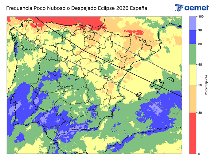 Mapa que muestra la frecuencia de que el cielo esté poco nuboso o despejado para los días del 11 al 13 de agosto de 17:00 a 20:00 horas UTC